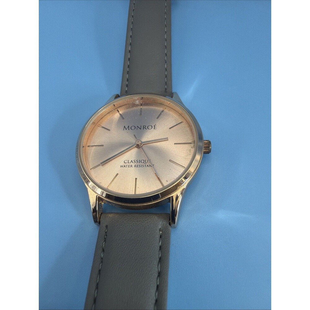 Monroe Watch Women Classique Rose Gold Tone  Gray Leather Band New Battery